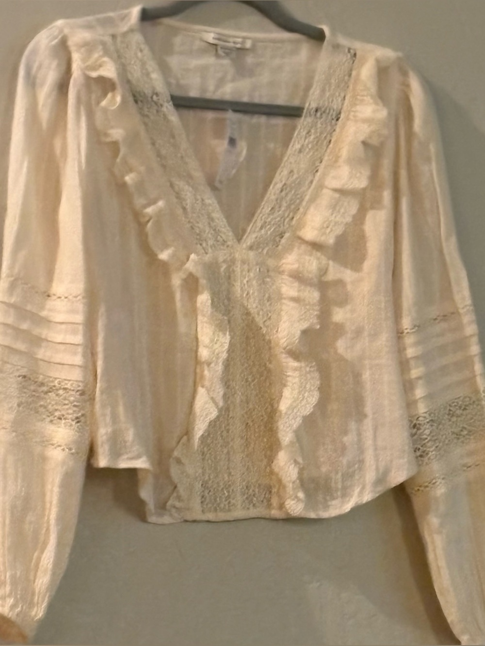 American Eagle Outfitters Cream Lace-Trim V-Neck Peasant Blouse - Picture 2 of 4